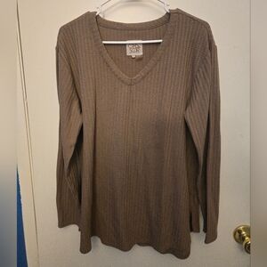 Brown Ribbed V-Neck Sweater